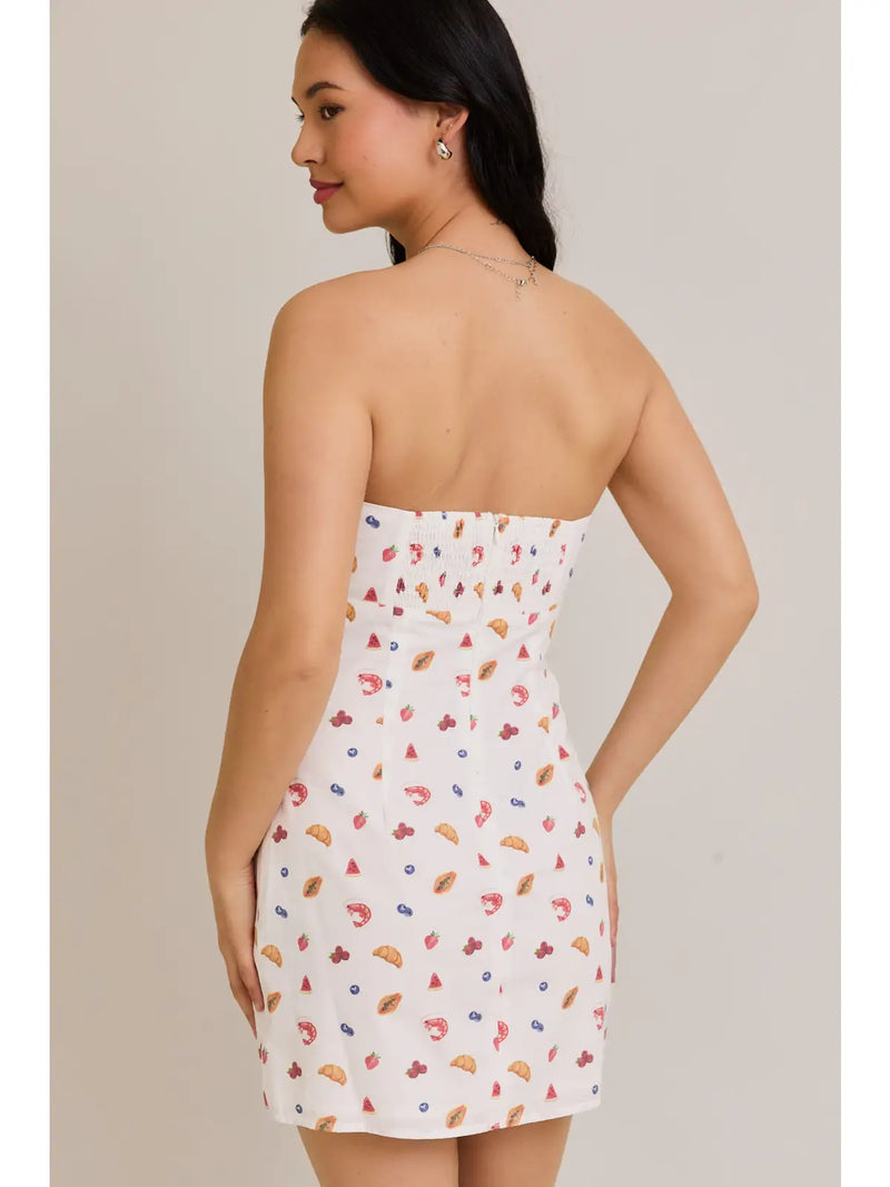 Strapless Smocked Back Food Mix Graphic Mini Dress