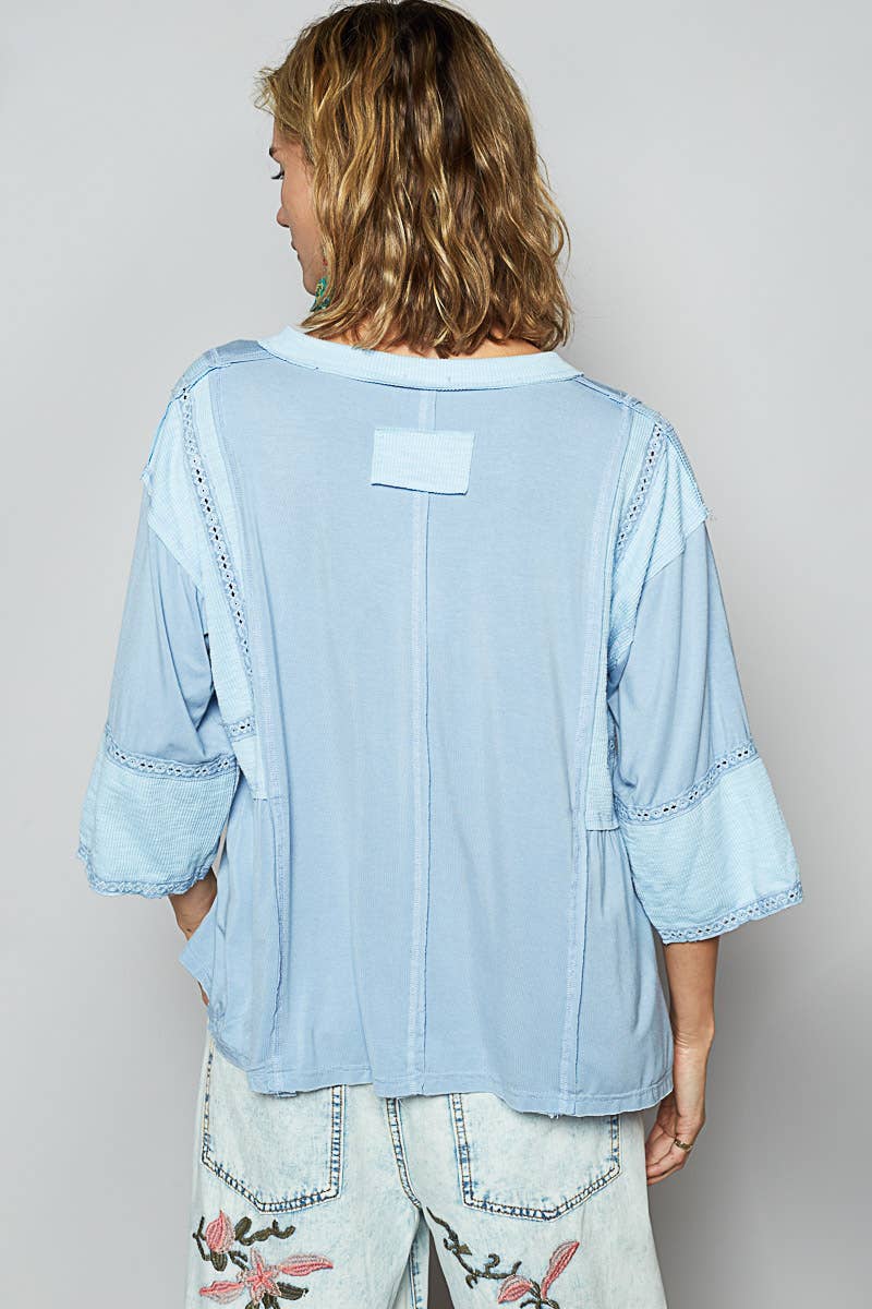 Oversize V-Neck Long Sleeve Lace Trim Knit Top