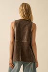 A stylish faux leather snap-front vest in rich brown, perfect for layering in any Long Island boutique fashion wardrobe.