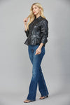 Chic black 3/4 sleeve faux leather peplum jacket with a tailored fit, perfect for stylish outings in Long Island boutique fashion.