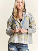 Button Down Plaid Hoodie Shacket - Lime/Grey