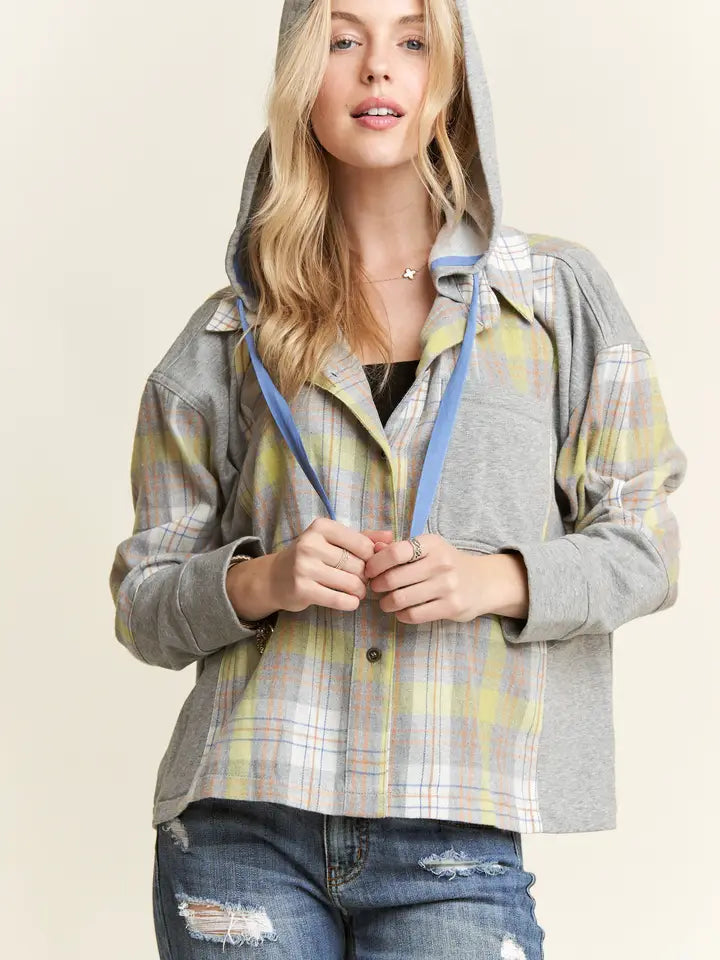 Button Down Plaid Hoodie Shacket - Lime/Grey