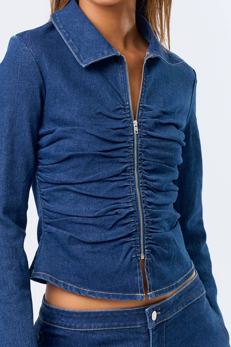 Ruched Long Sleeve Polo Denim Zip-Up