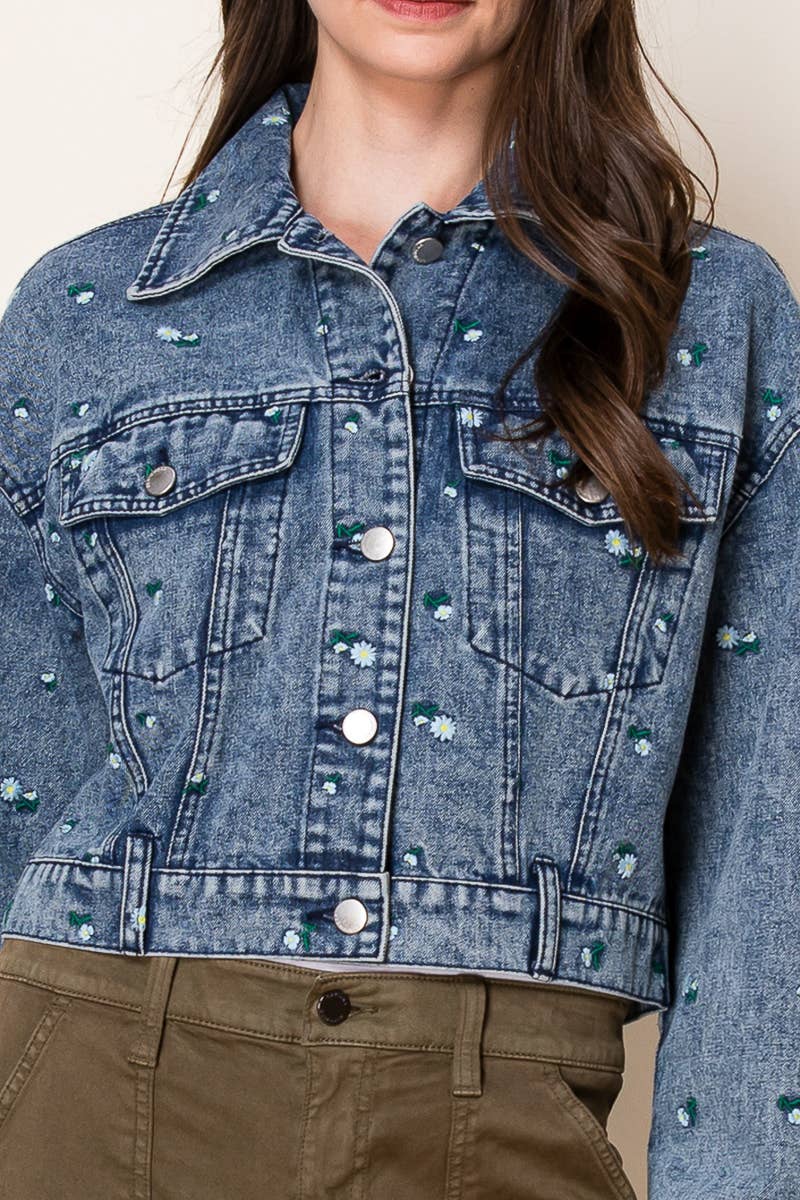 Daisy Embroidered Cropped Denim Trucker