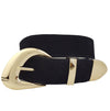 Elegant black genuine suede leather belt featuring a trendy gold buckle, loop, and tip set, perfect for Long Island boutique fashion.