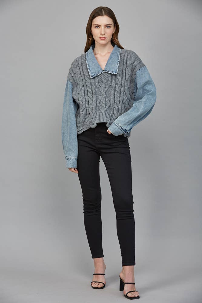 Gray knit combined sweater with a denim collar and sleeves, featuring a relaxed fit, perfect for Long Island boutique fashion.