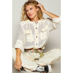 Vintage Washed Floral Print Patch Crochet Jacket