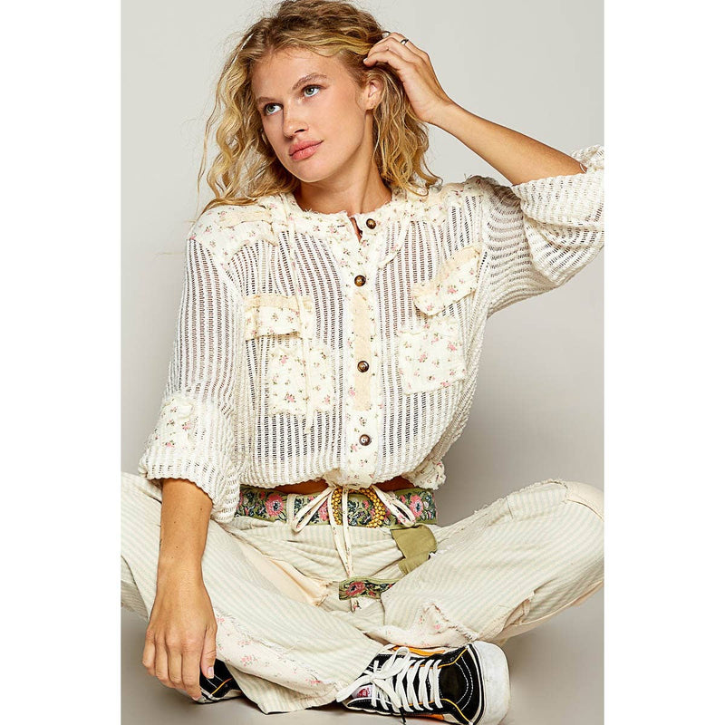 Vintage Washed Floral Print Patch Crochet Jacket