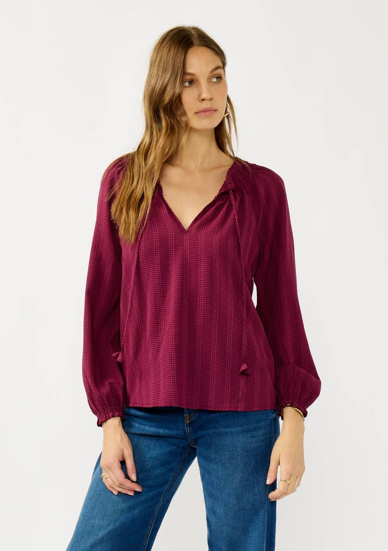 Long Sleeve Smocked Neck Blouse with Spaghetti Tie