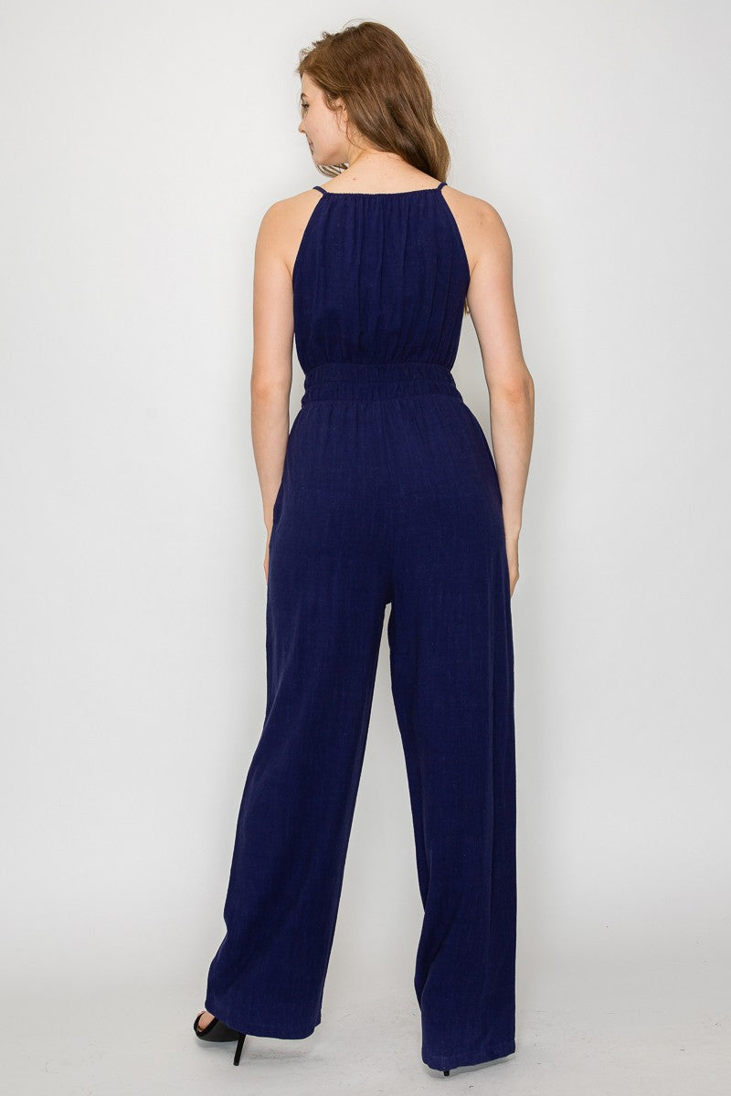 Front Tie Ribbon Smocked Waist Jumpsuit