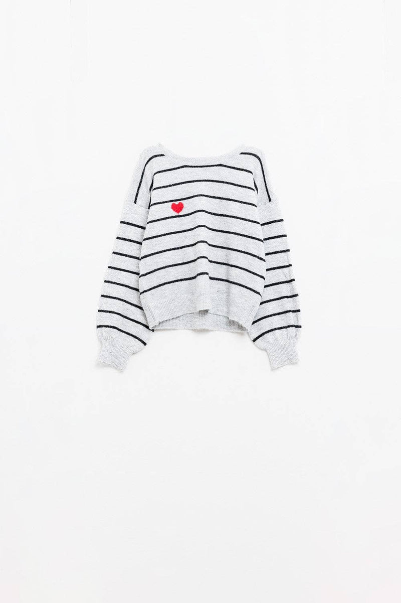 Grey Striped Sweater with Red Heart