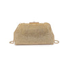 Delfina Evening Bag in Gold rhinestone mesh with detachable chain strap and clasp closure — elegant clutch available at TandyWear Boutique in Commack, NY.