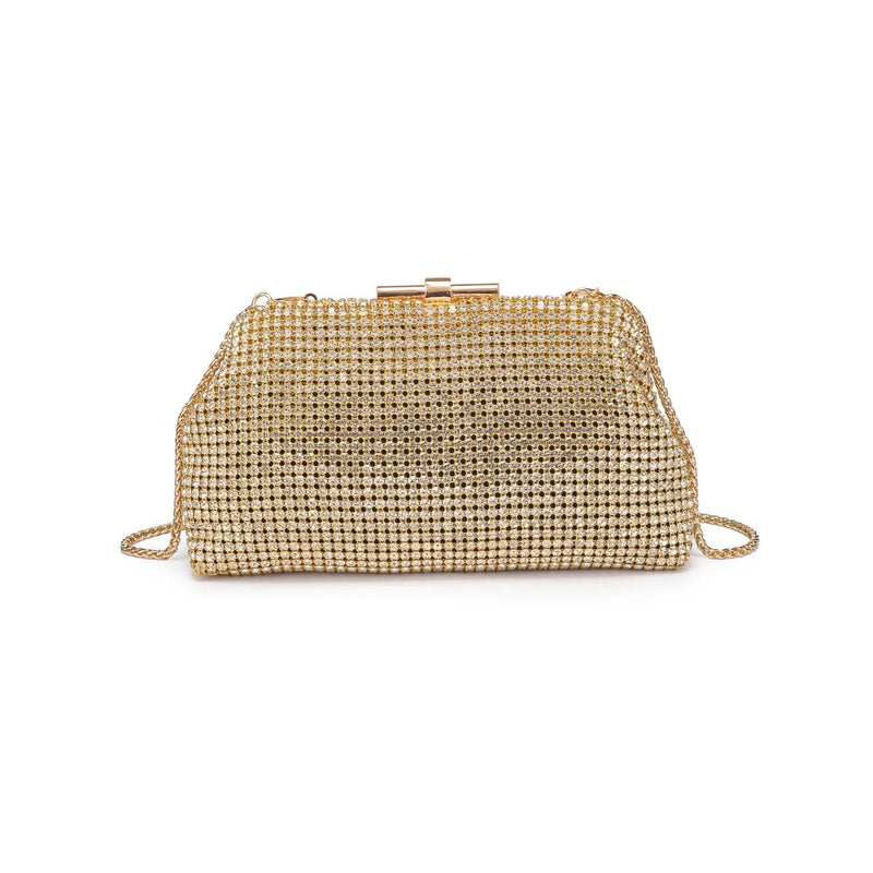 Delfina Evening Bag in Gold rhinestone mesh with detachable chain strap and clasp closure — elegant clutch available at TandyWear Boutique in Commack, NY.