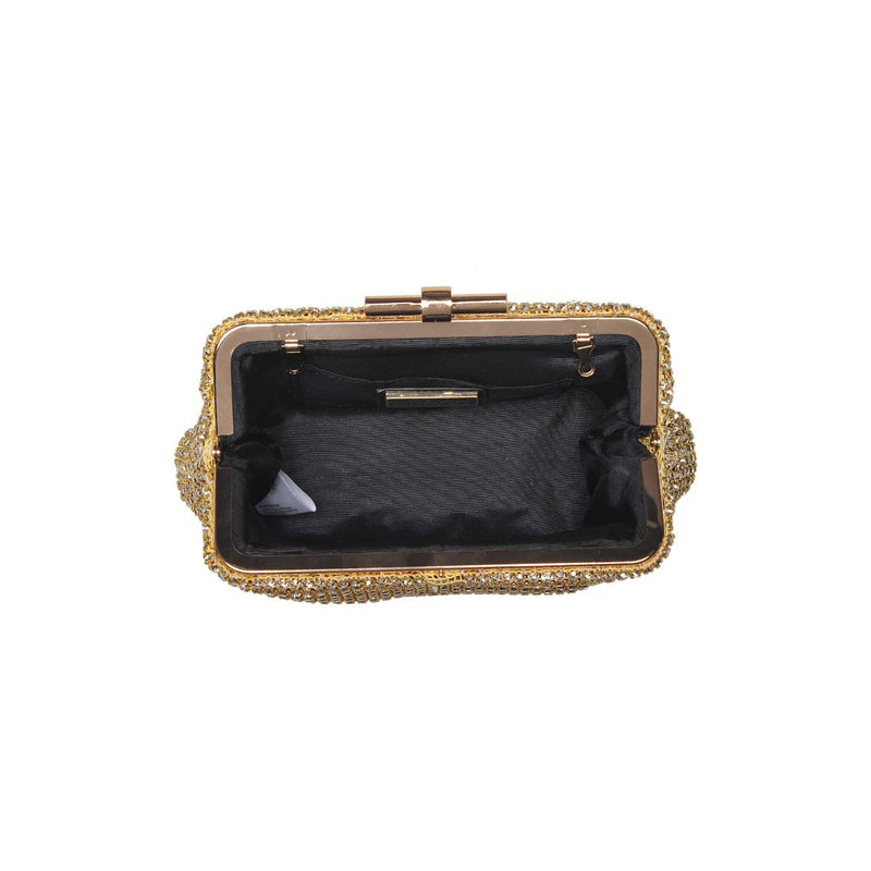 Delfina Evening Bag in gold rhinestone mesh with detachable chain strap and clasp closure — elegant clutch available at TandyWear Boutique in Commack, NY. open view