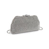Delfina Evening Bag in silver rhinestone mesh with detachable chain strap and clasp closure — elegant clutch available at TandyWear Boutique in Commack, NY.