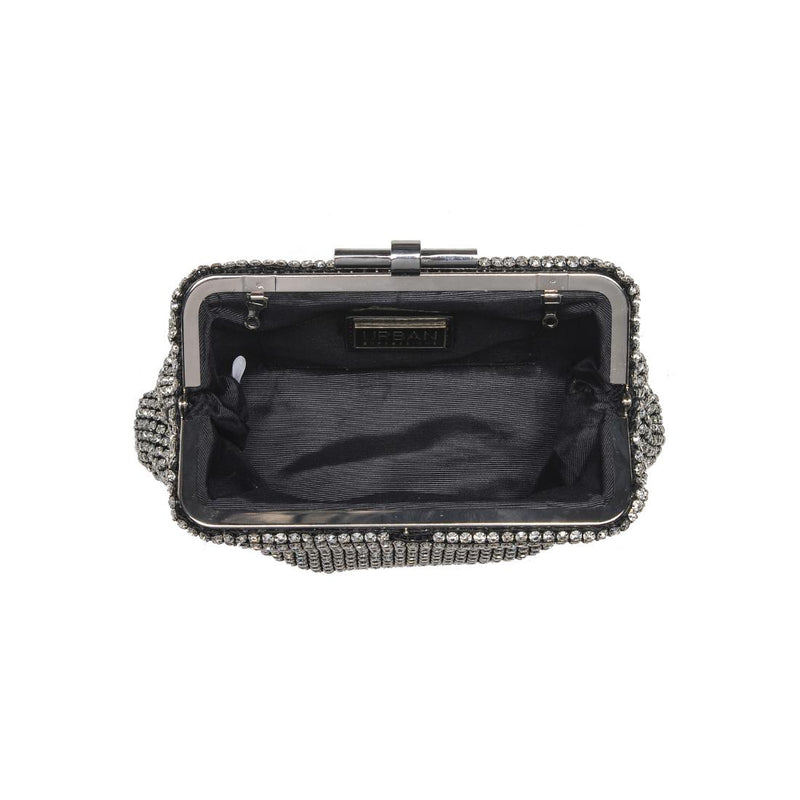 Delfina Evening Bag in black rhinestone mesh with detachable chain strap and clasp closure — elegant clutch available at TandyWear Boutique in Commack, NY. open view