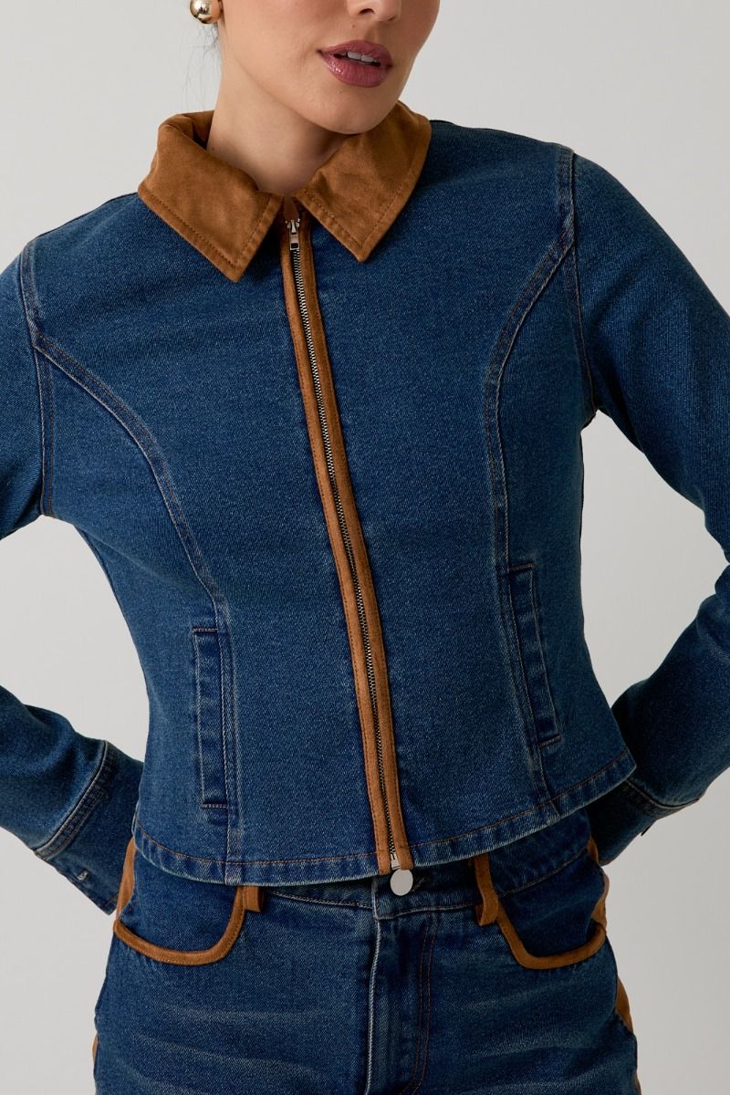 Long Sleeve Suede Detailed Denim Jacket