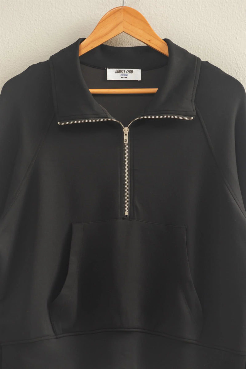 Stylish black half zip high neck collar sweatshirt with a front pocket, perfect for cozy wear at a Long Island boutique fashion.