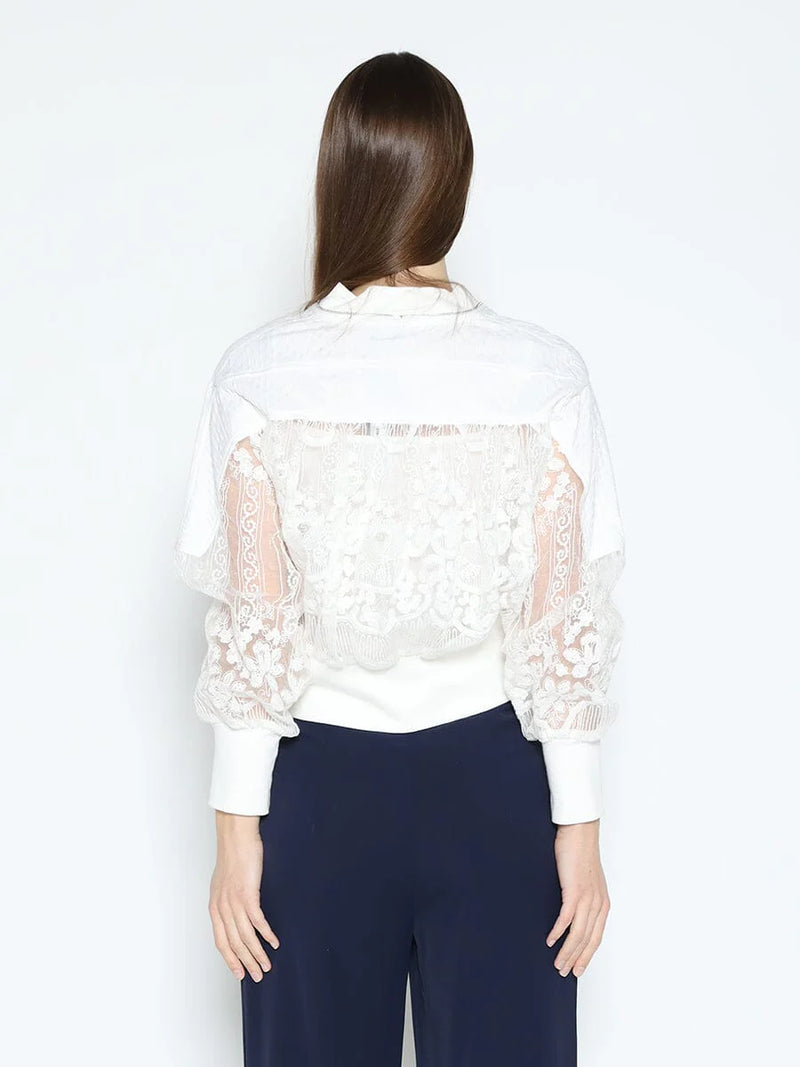 White zip-up top featuring delicate lace sleeves and back, ideal for adding a feminine touch to your Long Island boutique fashion wardrobe.