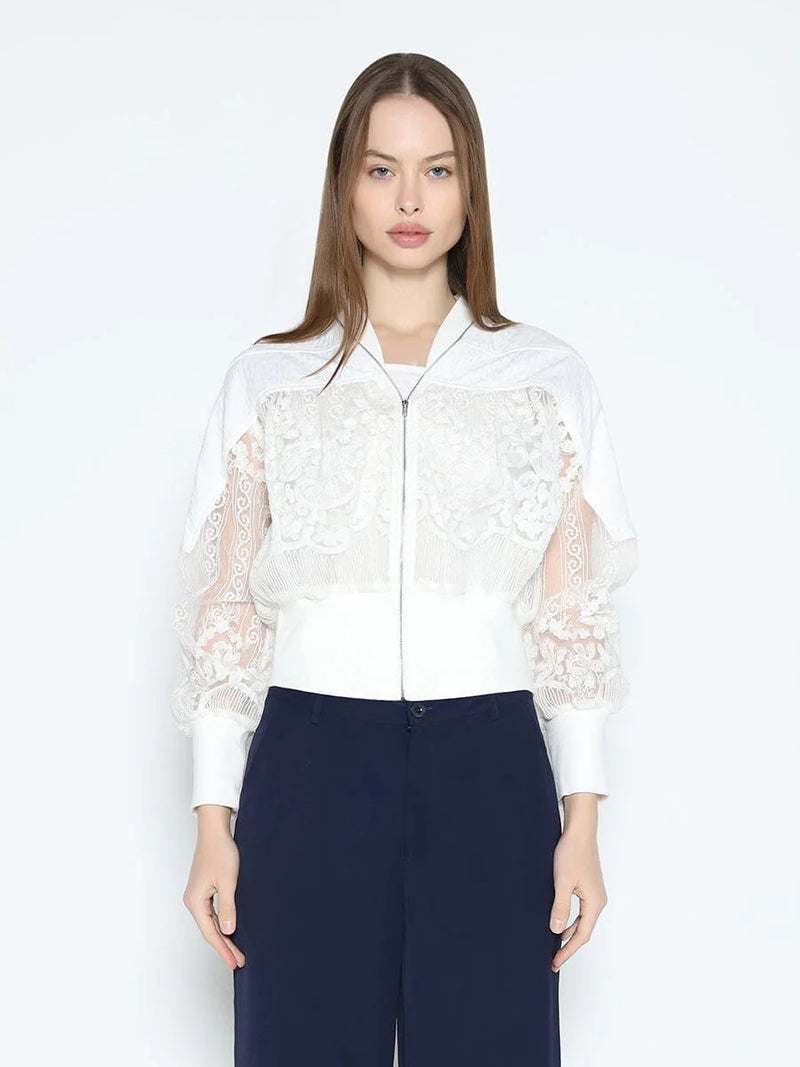 White zip-up top featuring intricate lace details and a cropped fit, perfect for stylish layering in Long Island boutique fashion.