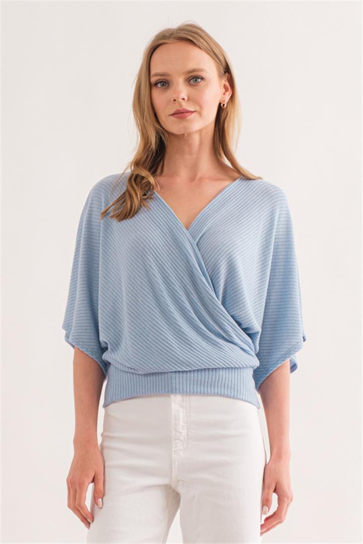 Ribbed Front Wrap Dolman Sleeve Top