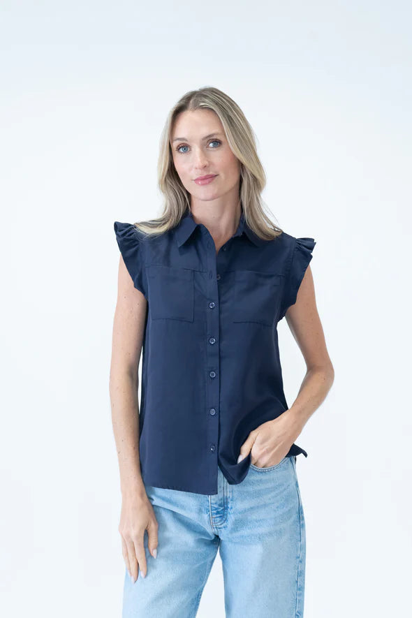 Flutter Sleeve Button Down Top - Navy