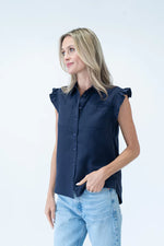 Flutter Sleeve Button Down Top - Navy