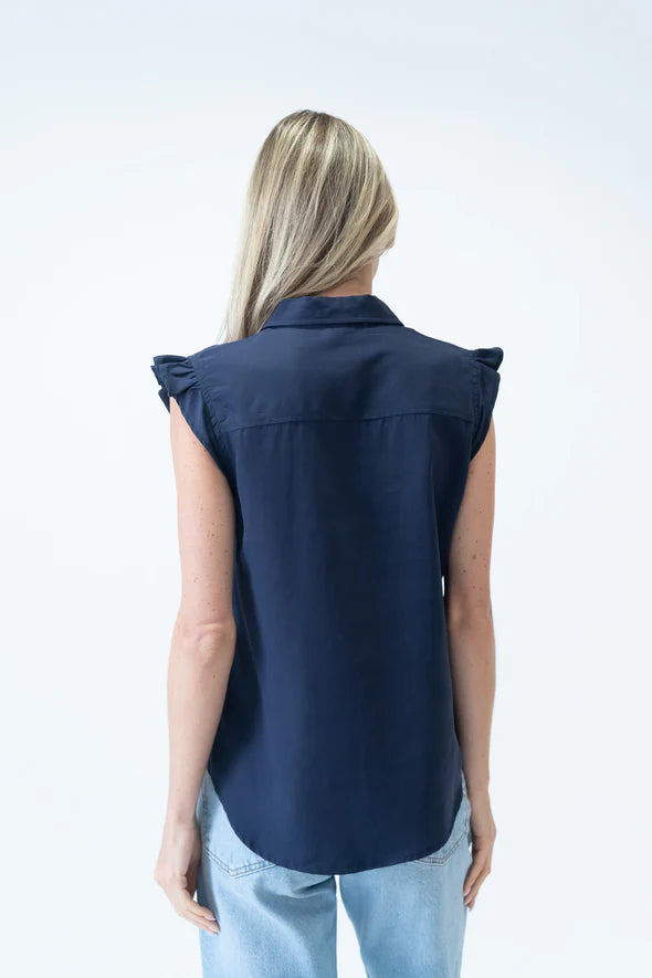 Flutter Sleeve Button Down Top - Navy