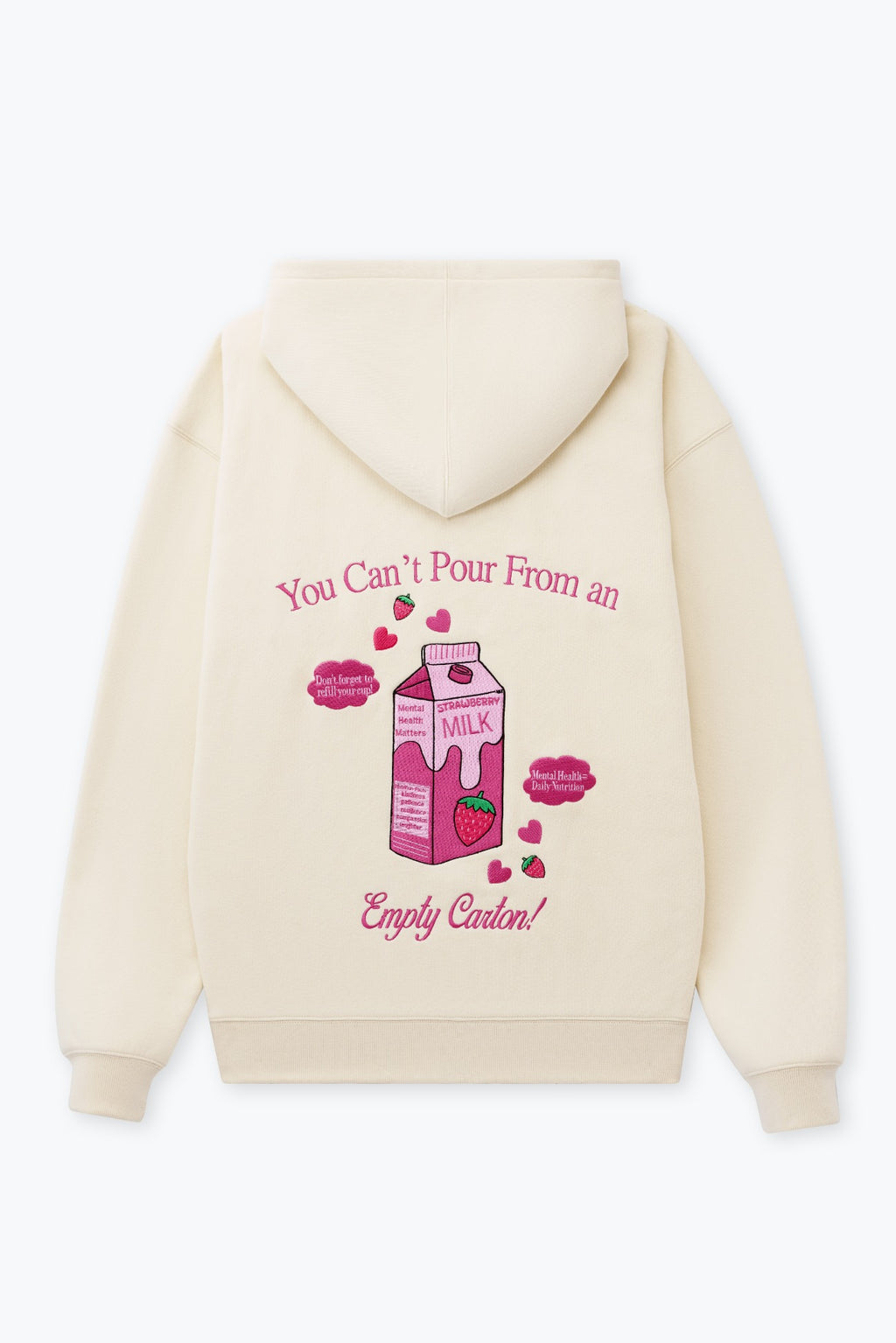 "Cream Happy Camp3r hoodie with small front embroidery reading You Can't Pour From an Empty Carton"
