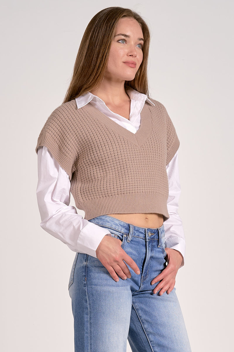 Chic Elan crop sweater in soft taupe features a textured knit design and a relaxed fit, perfect for Long Island boutique fashion styles.