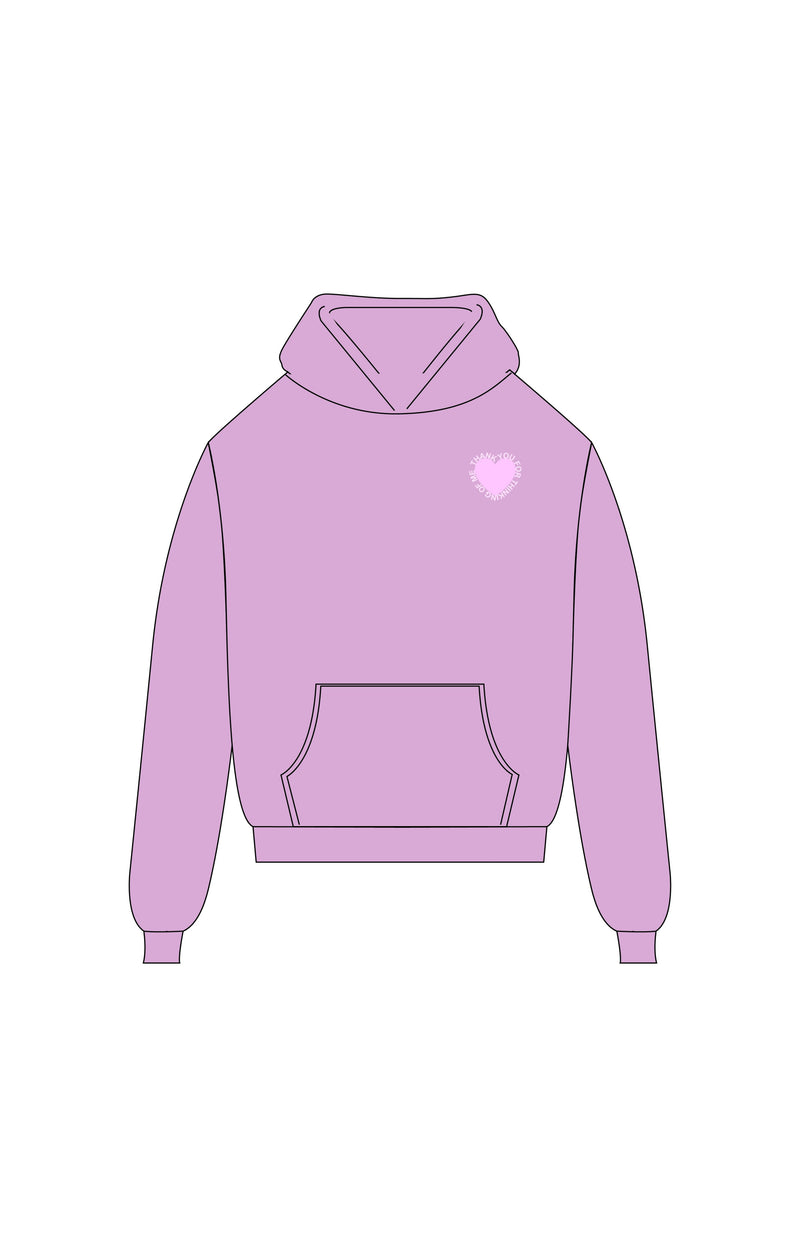 Soft lilac cropped hoodie featuring a heart design and “Thank You For Thinking of Me” text, perfect for Long Island boutique fashion enthusiasts.
