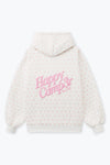 Cozy white hoodie featuring a pink floral pattern and "Happy Camp3r" embroidery, perfect for Long Island boutique fashion lovers.