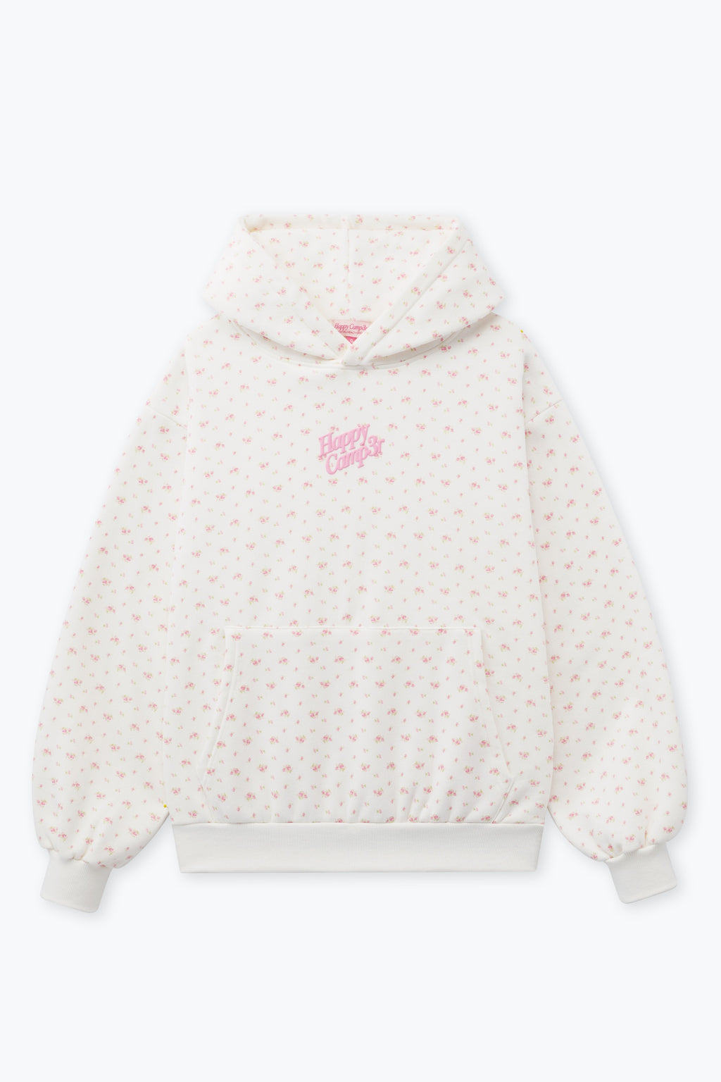 Cozy white puff core hoodie adorned with delicate pink floral patterns and a front pocket, perfect for Long Island boutique fashion.