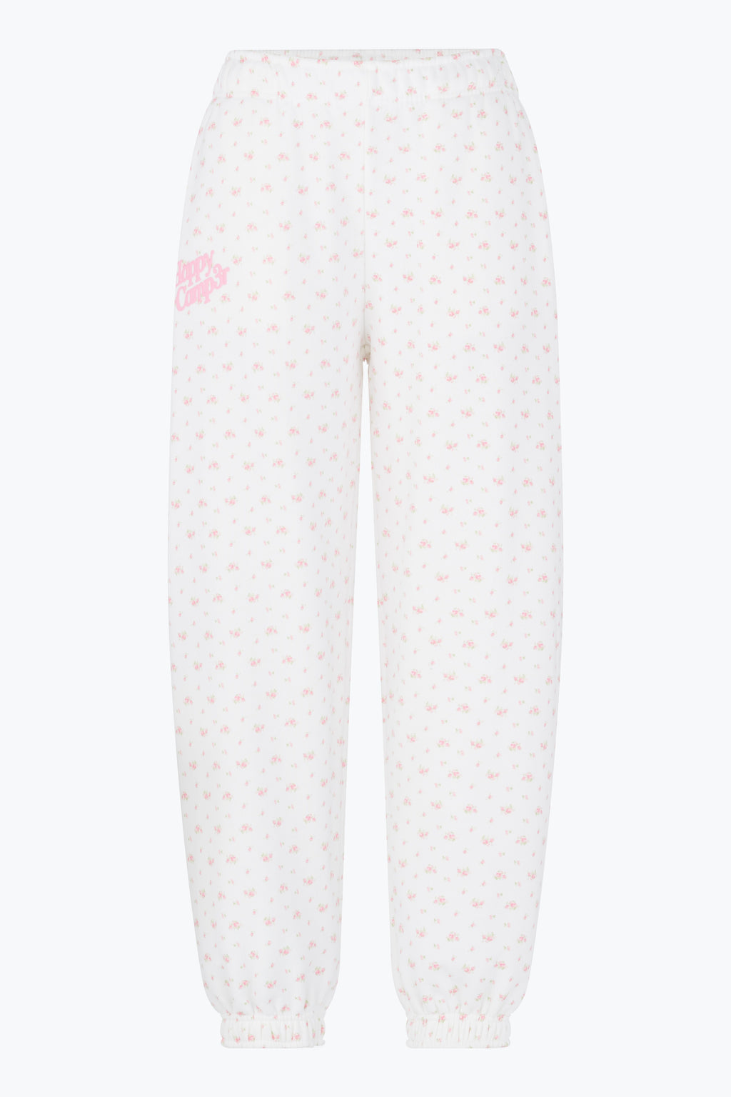 Lightweight joggers featuring a delicate pink floral pattern on a white background, perfect for relaxed days in Long Island boutique fashion.