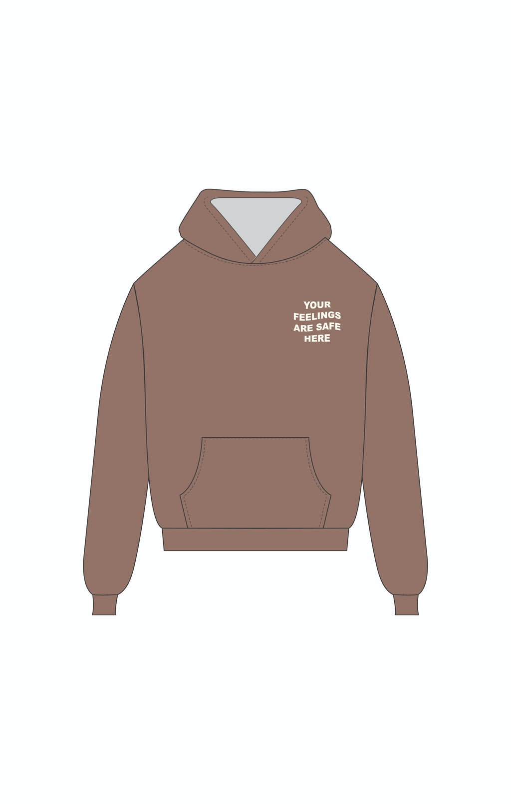 Cozy brown hoodie featuring the uplifting phrase "YOUR FEELINGS ARE SAFE HERE," perfect for Long Island boutique fashion lovers.