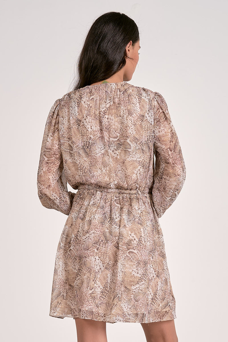 Long-sleeve mini dress in a soft beige and brown snake print with a cinched waist, perfect for Long Island boutique fashion.