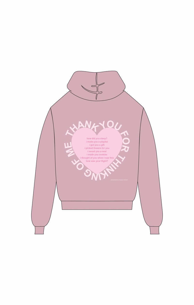 Cozy pink hoodie featuring a heart-shaped graphic with the phrase "Thank You For Thinking of Me," perfect for Long Island boutique fashion.