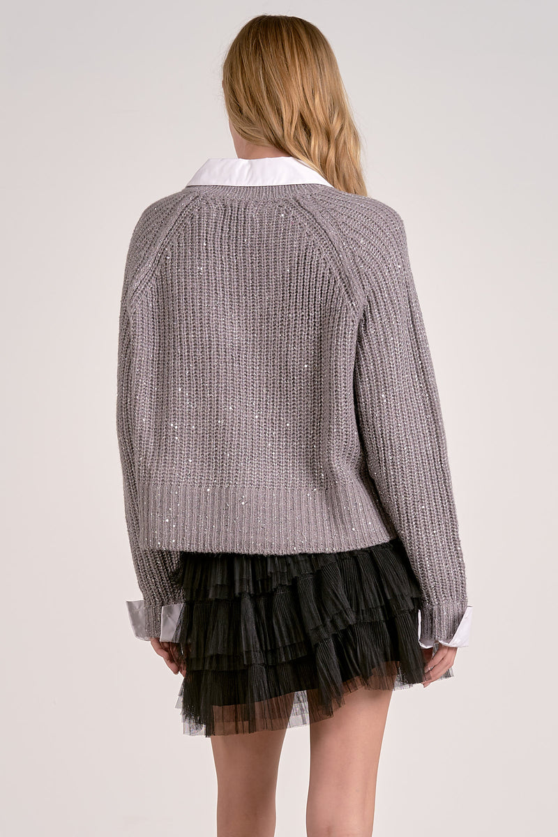 Cozy grey Elan V-neck sequin sweater featuring a stylish collar detail, perfect for chic Long Island boutique fashion.