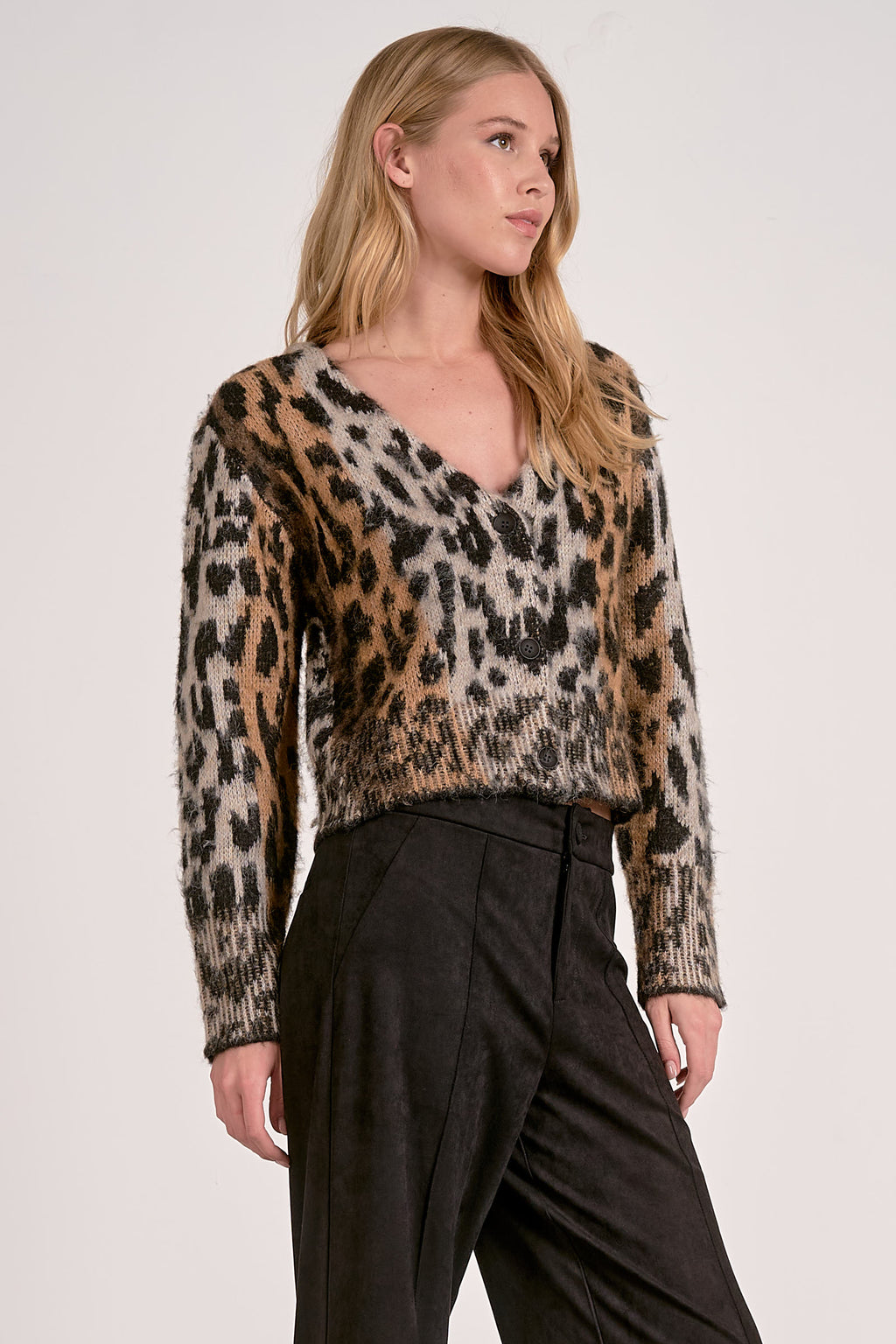 Cropped Elan cheetah sweater cardigan in earthy tones with a deep V-neck and button closure, perfect for Long Island boutique fashion.