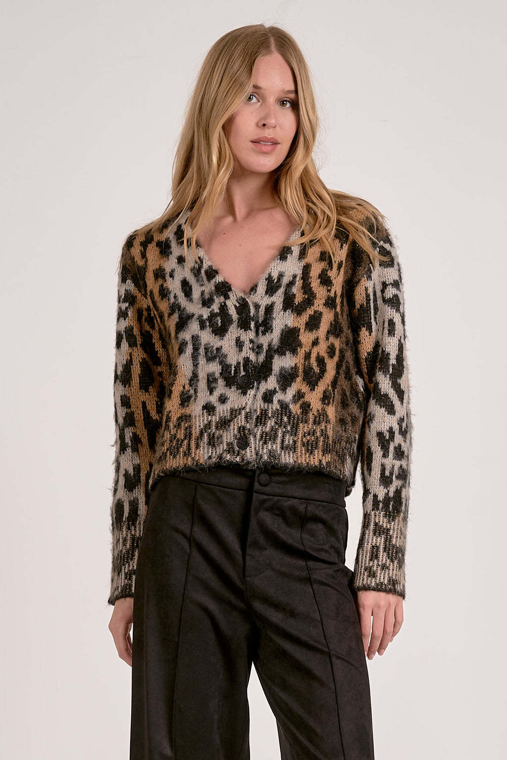 Cropped Elan cheetah sweater cardigan in earthy tones with a deep V-neck and button closure, perfect for Long Island boutique fashion.