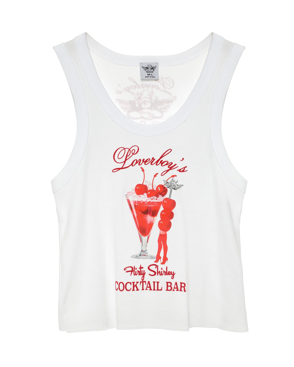 “White Boys Lie Flirty Shirley ribbed tank with red cocktail graphic”
