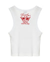 White tank top with red graphic and text on a white background
