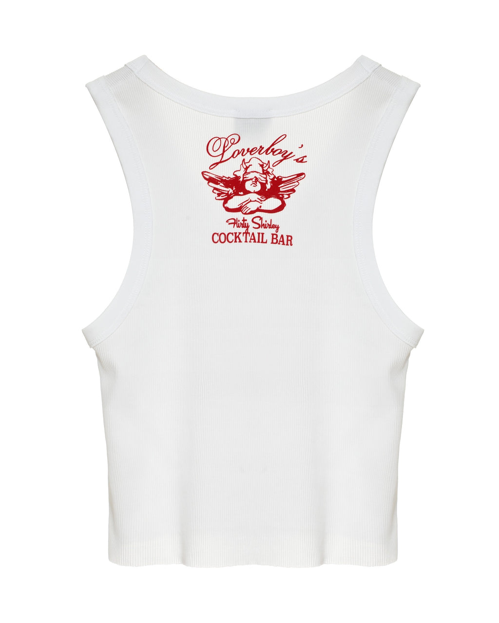 “White Boys Lie Flirty Shirley ribbed tank with red cocktail graphic”
