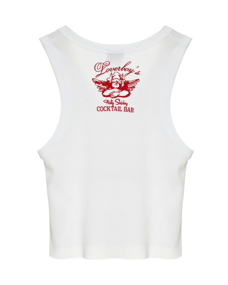 White tank top with red graphic and text on a white background