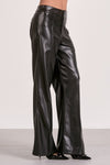 High-waisted black flare pants featuring a sleek leather finish, tailored fit, and a stylish silhouette, perfect for Long Island boutique fashion.