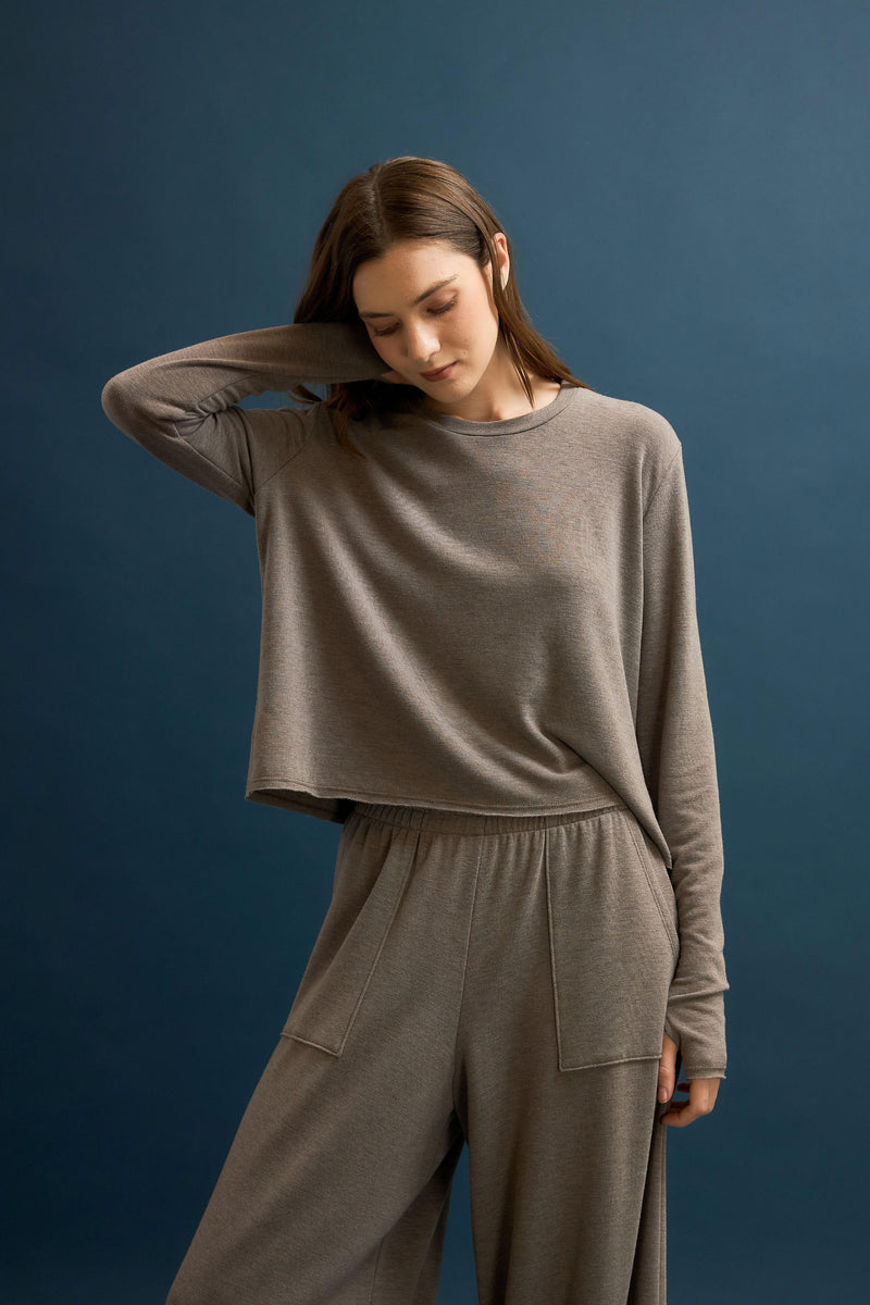 Boxy crop sweatshirt in soft taupe French terry fabric featuring long sleeves and a relaxed fit, perfect for Long Island boutique fashion.