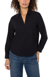 Collared zip front knit shirt in classic black, featuring long sleeves and a relaxed fit, perfect for Long Island boutique fashion.