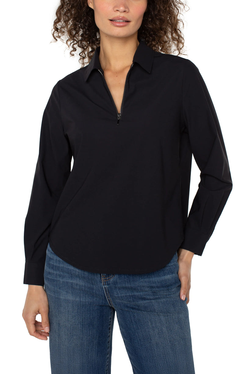Collared zip front knit shirt in classic black, featuring long sleeves and a relaxed fit, perfect for Long Island boutique fashion.