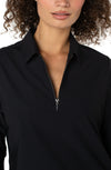 Sleek black collared zip front knit shirt with a modern fit, ideal for versatile styling in Long Island boutique fashion.