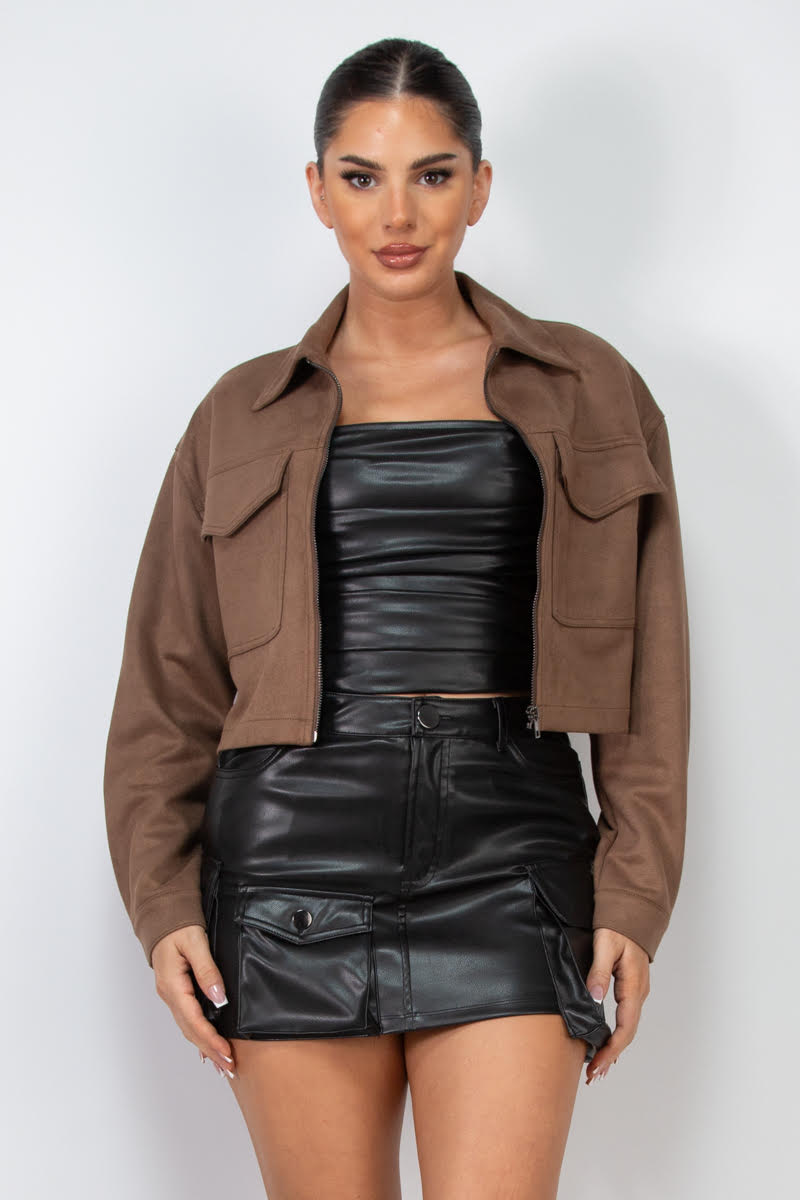 Cropped suede jacket in rich brown, featuring a boxy fit and stylish flap pockets, perfect for layering in Long Island boutique fashion.